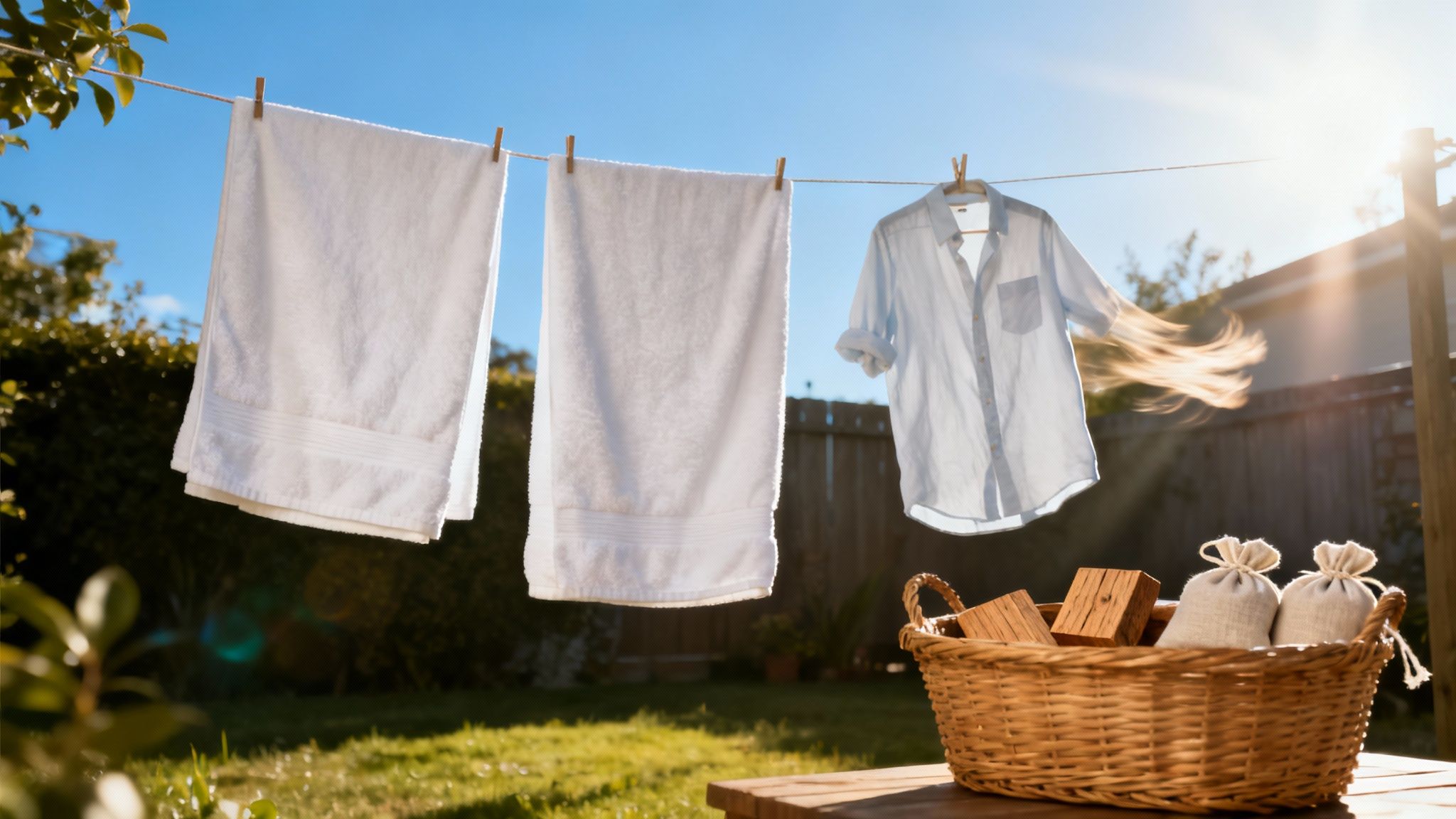 Person hanging freshly washed clothes on a line to dry in the sun.