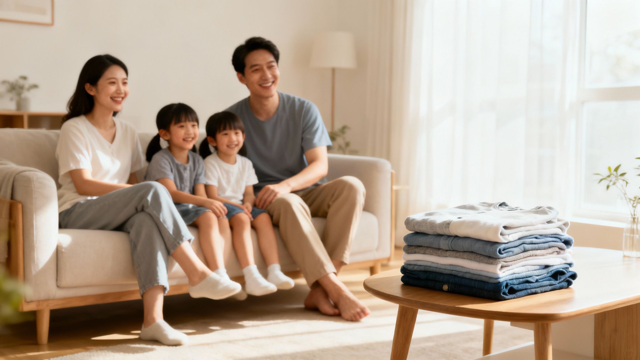 Woman smiling while holding a basket of freshly folded laundry.