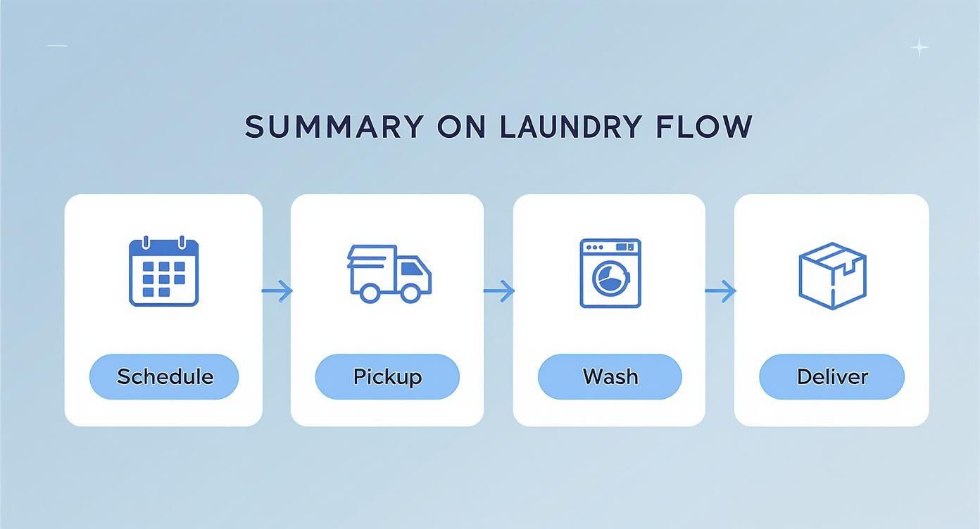 Four-step laundry service process diagram showing schedule, pickup, wash, and delivery stages