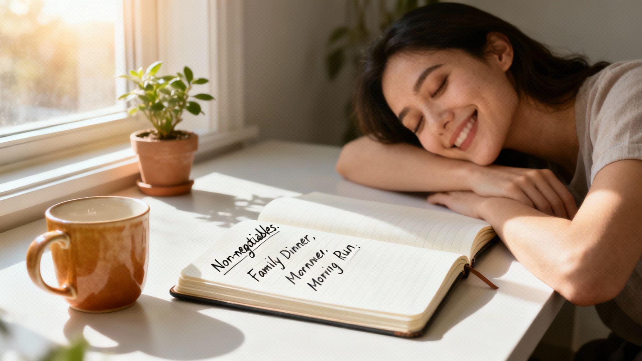 Woman smiling peacefully while resting at desk with notebook listing non-negotiable daily routines