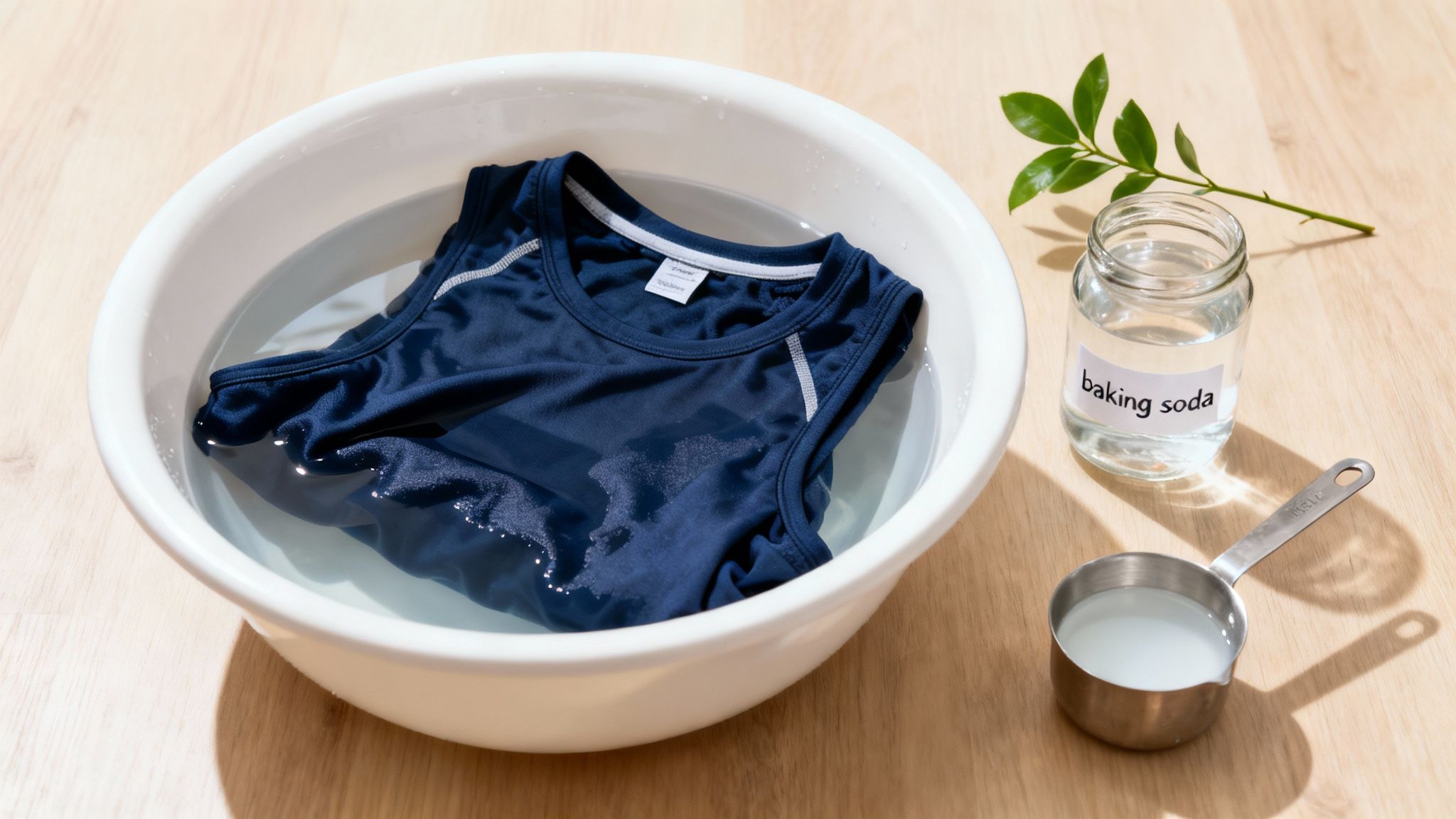 Person pre-soaking clothes in a sink to remove odors.