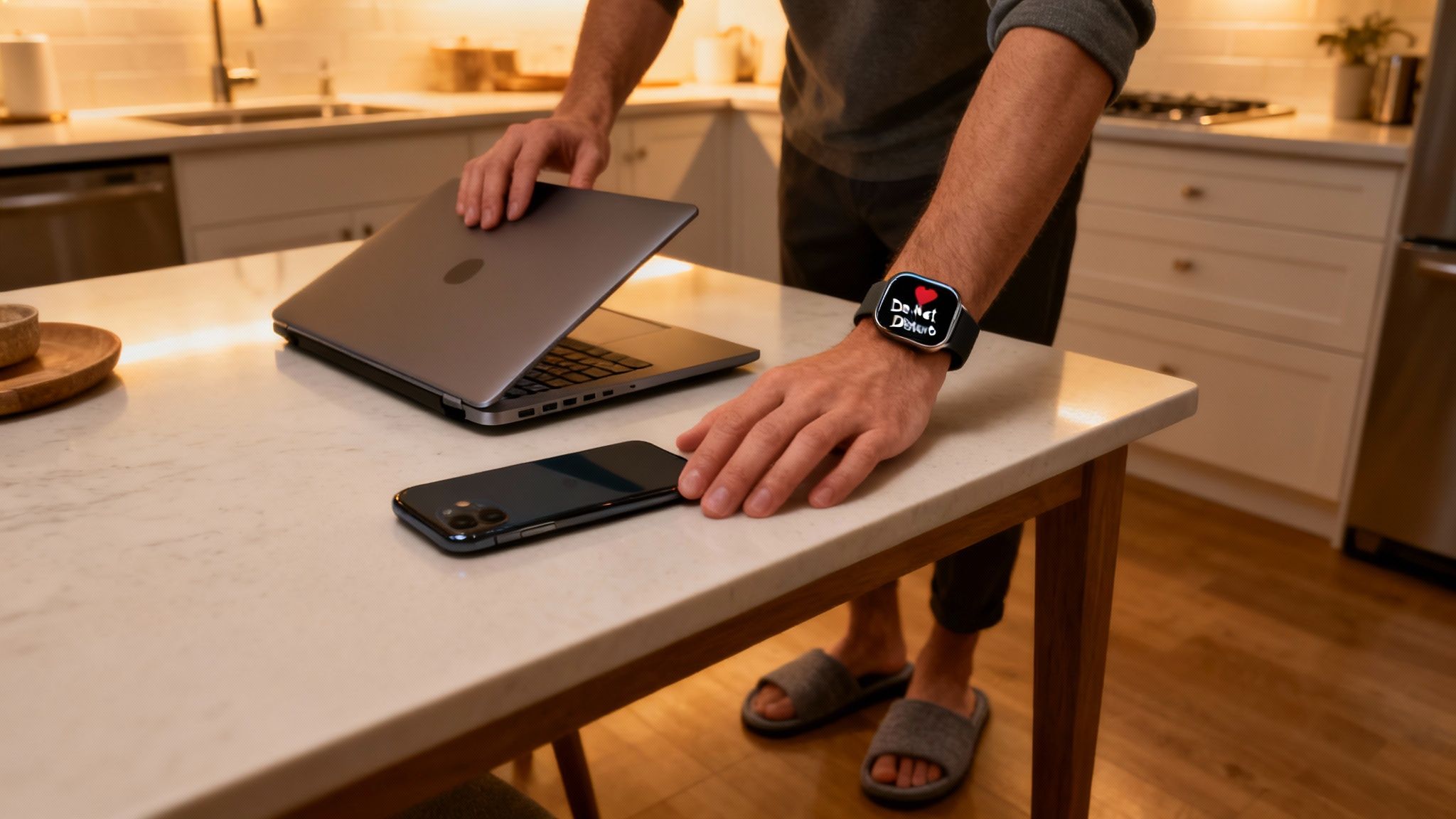 Person wearing smartwatch closing laptop while standing at kitchen counter with smartphone nearby