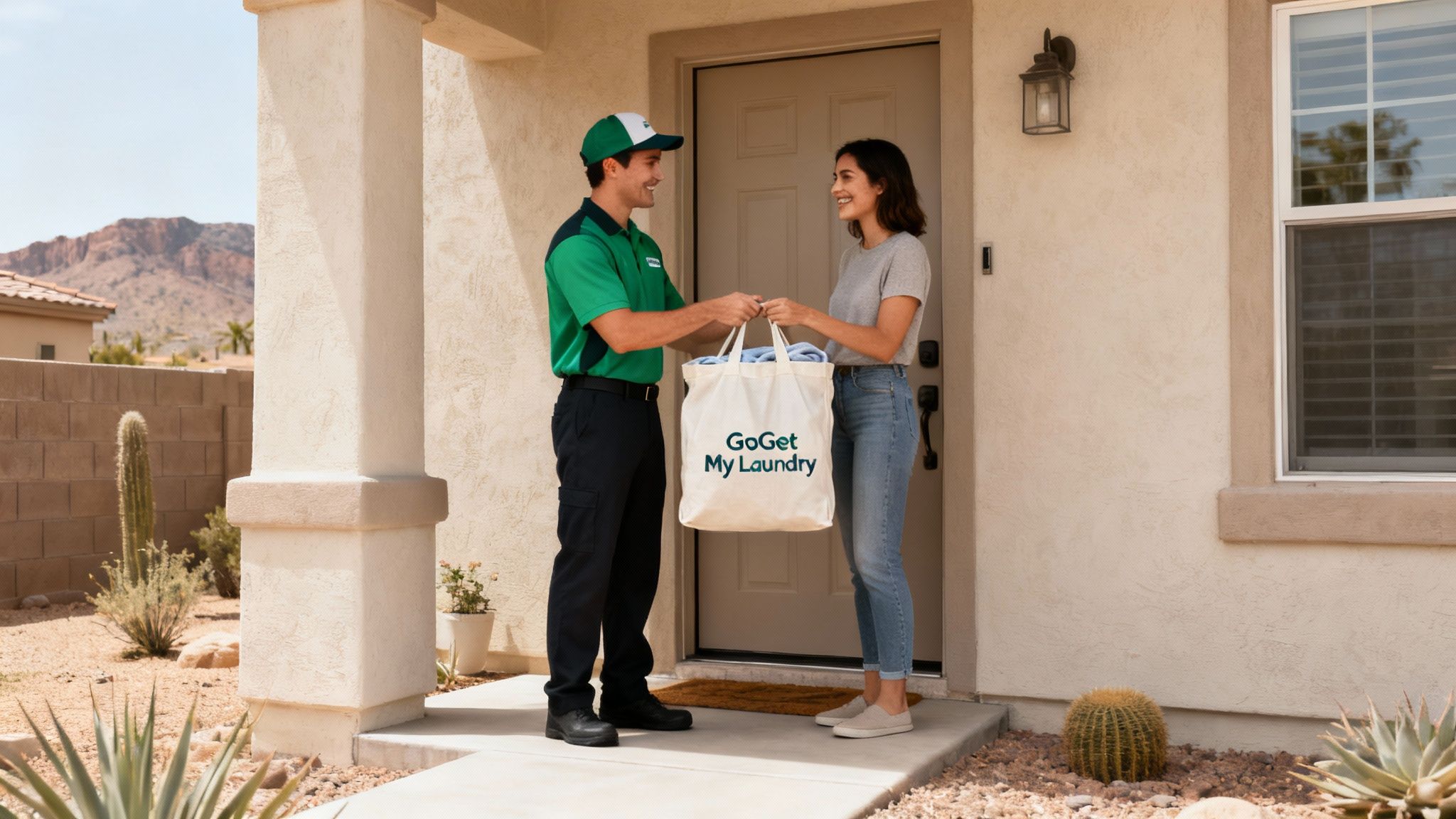 A smiling delivery man hands a "GoGet My Laundry" bag to a happy woman at her doorstep.