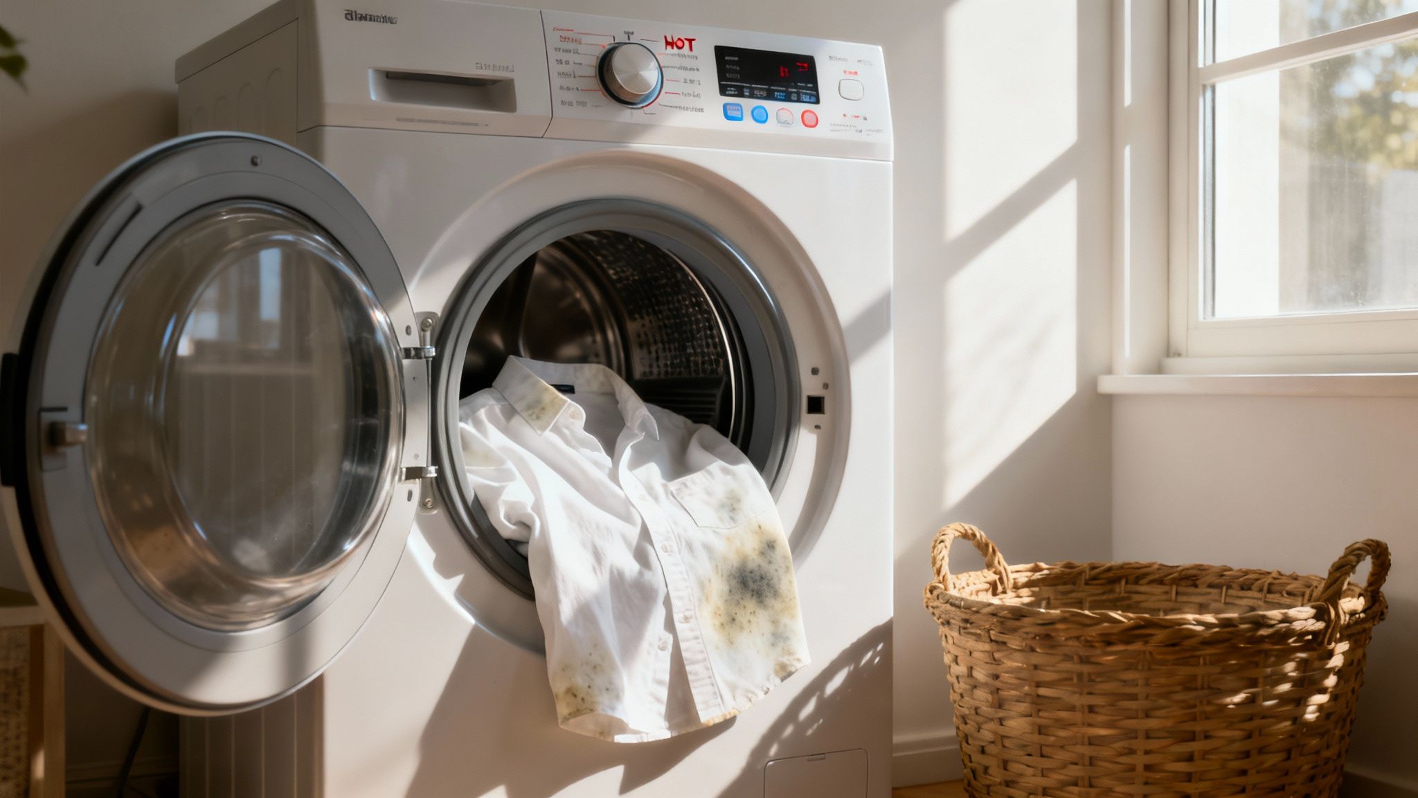 A moldy white shirt is inside an open washing machine, ready for cleaning, next to a wicker basket.