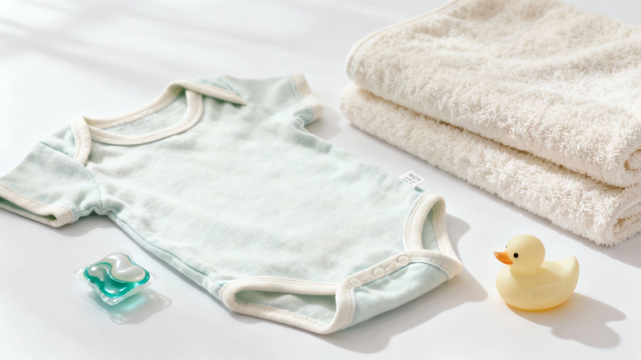 A baby&#39;s tiny hand resting on clean, white laundry