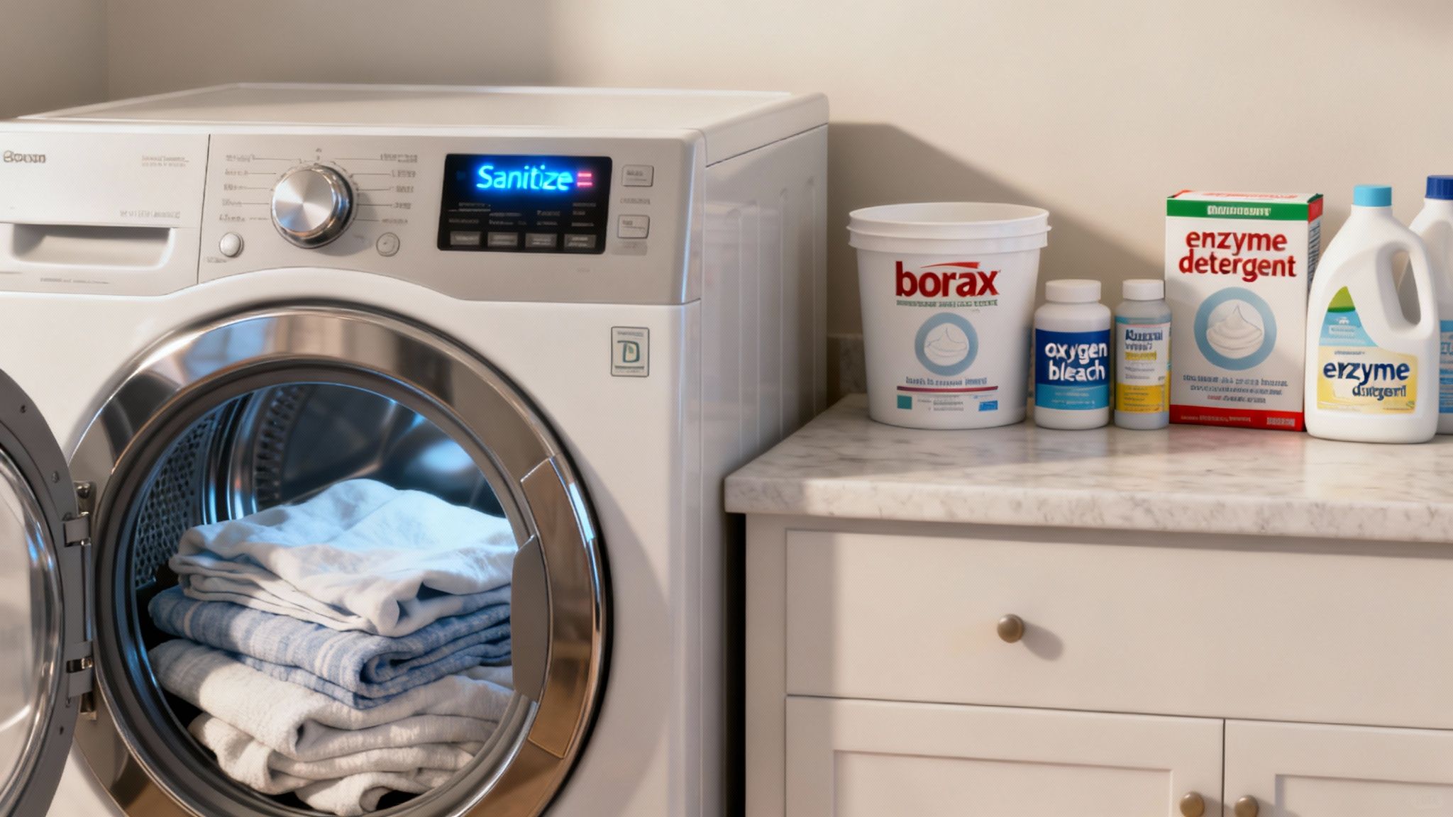 Washing machine control panel with various settings visible.