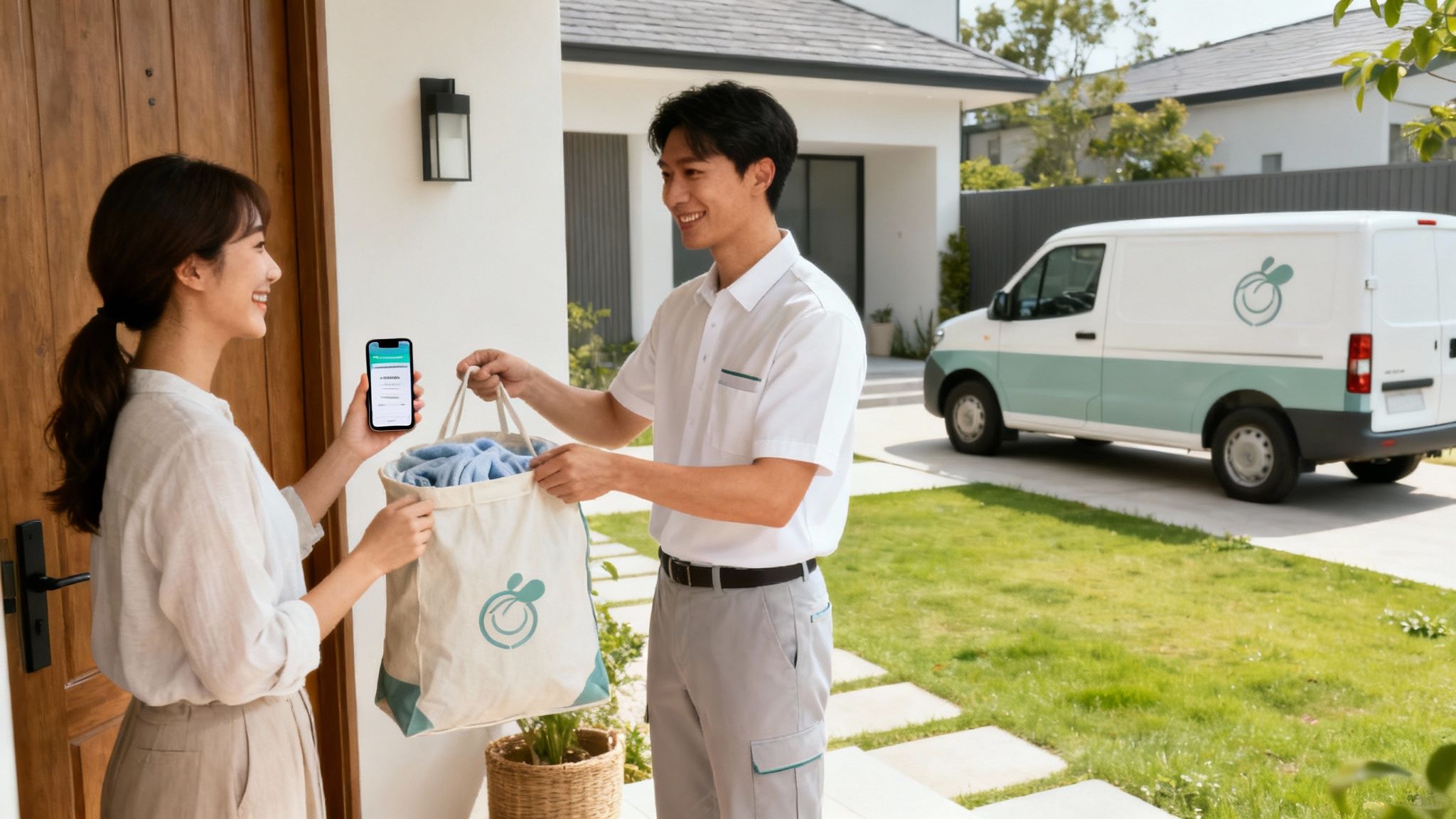 A smiling delivery person hands a bag of clean,folded laundry to a customer at their front door.