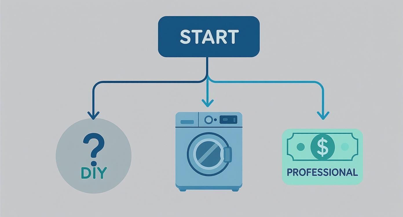 Flowchart illustrating decision paths for appliance repair: DIY, replacement washing machine, or professional service.