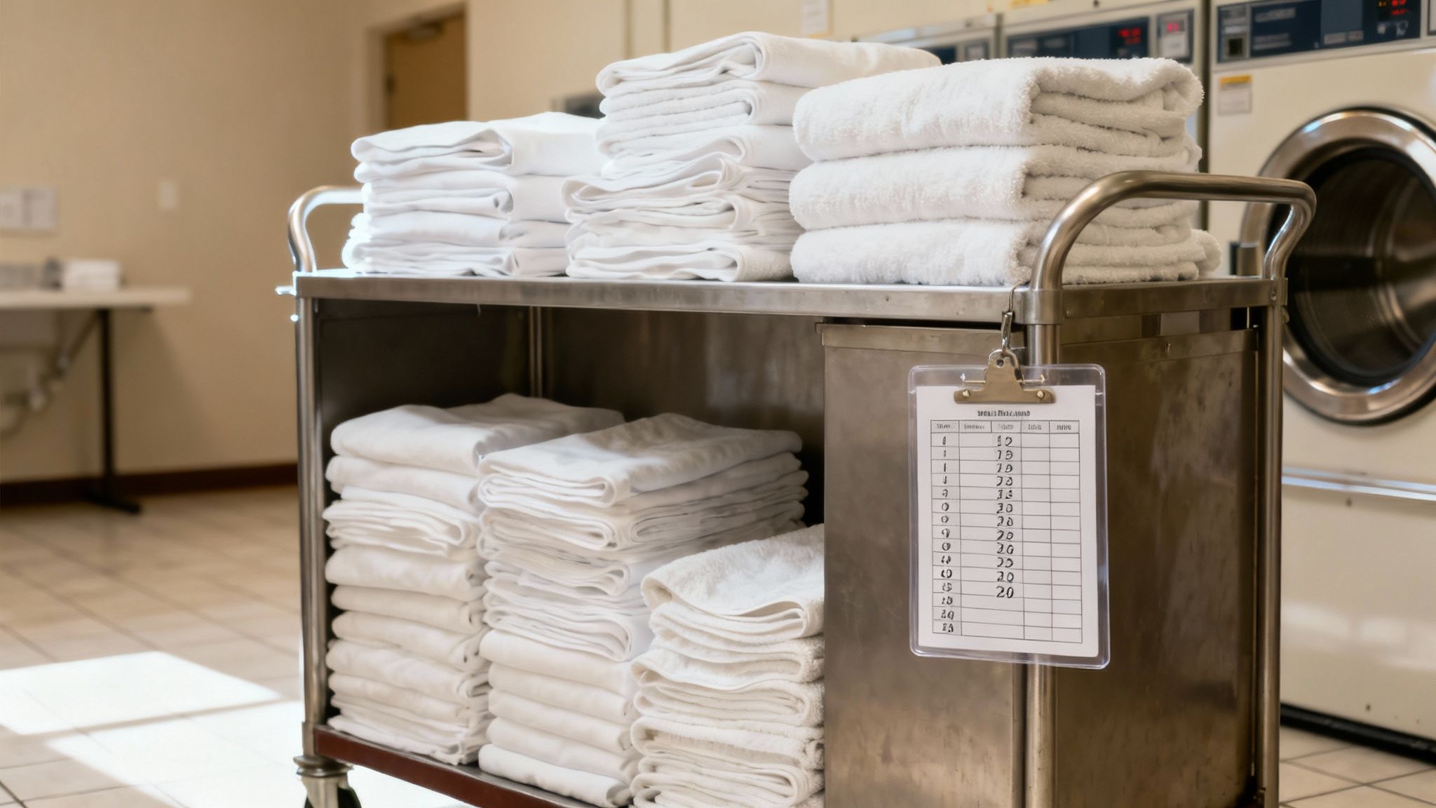 A stack of neatly folded white towels and linens on a shelf in a motel storage closet.