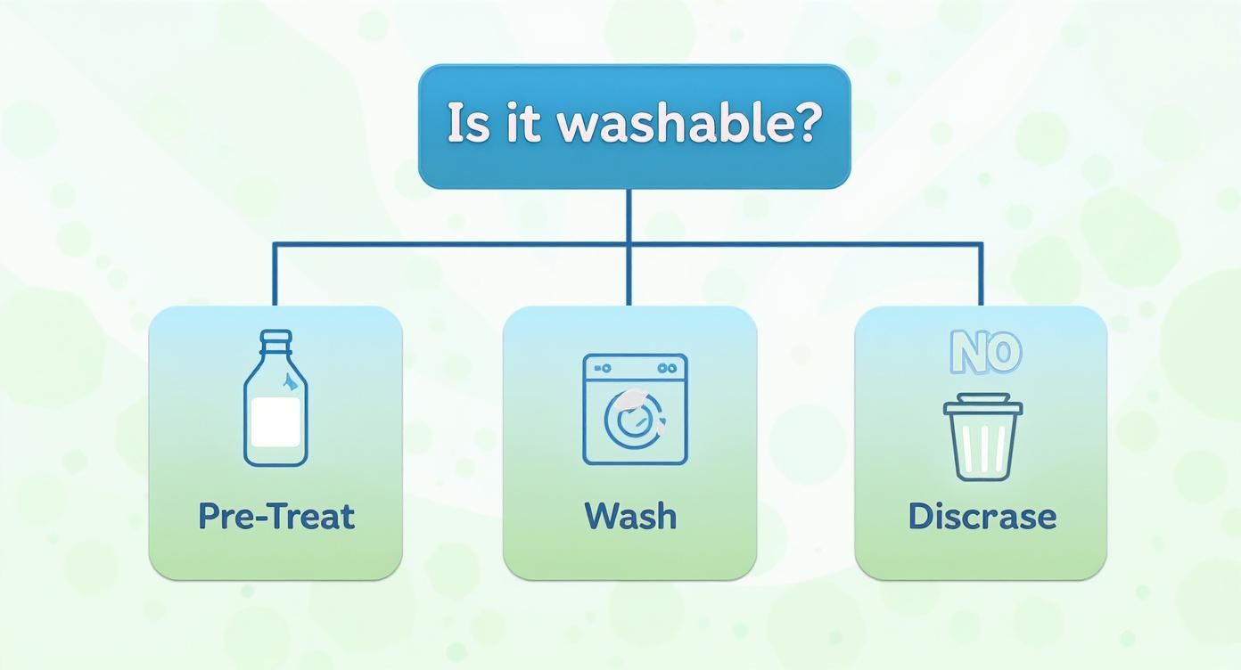 Flowchart asking &#39;Is it washable?&#39;, leading to pre-treat, wash, or discard based on decision.