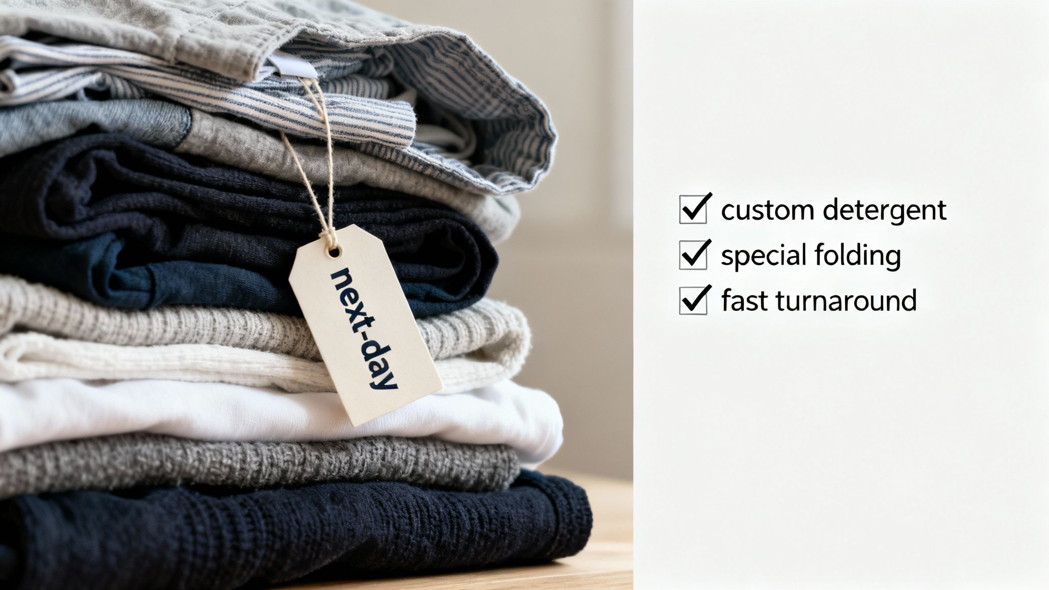 A stack of freshly folded clothes with a 'next-day' tag, highlighting premium laundry services.