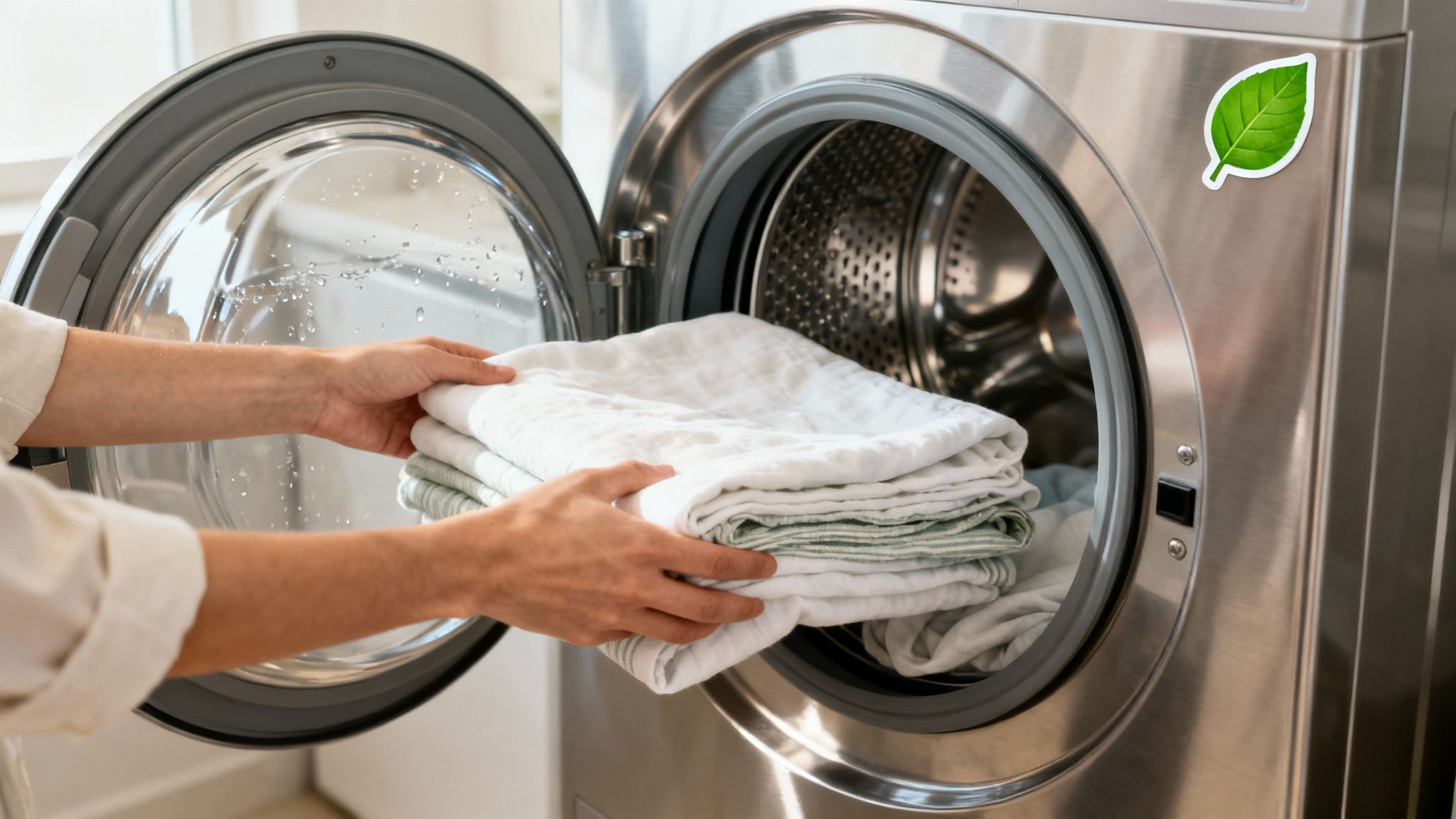 Hands loading clean white and striped linens into a front-loading washing machine with an eco-friendly leaf sticker.