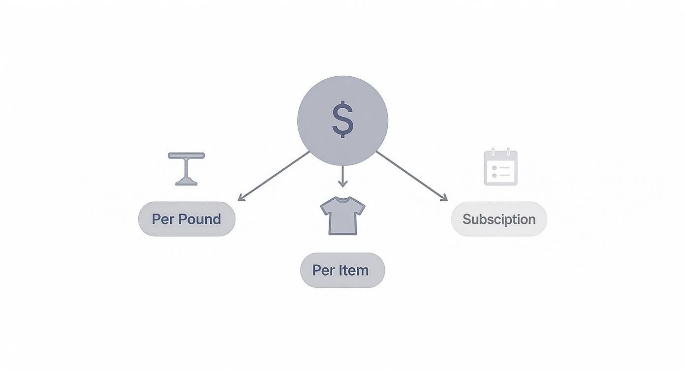 Diagram showing pricing models for a service, including per pound, per item, and subscription.