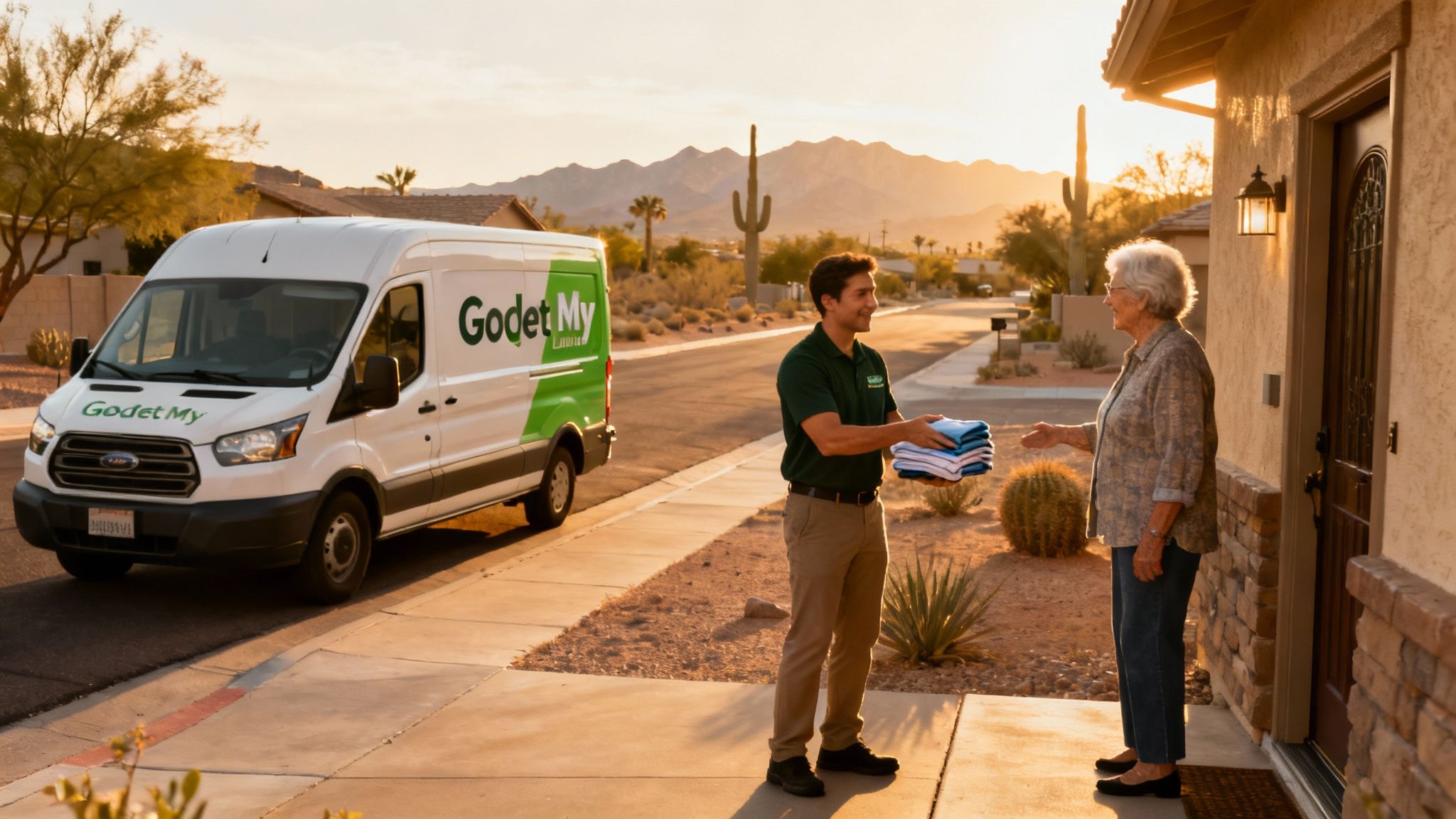 An elderly couple smiling and looking relaxed in their clean, organized home.
