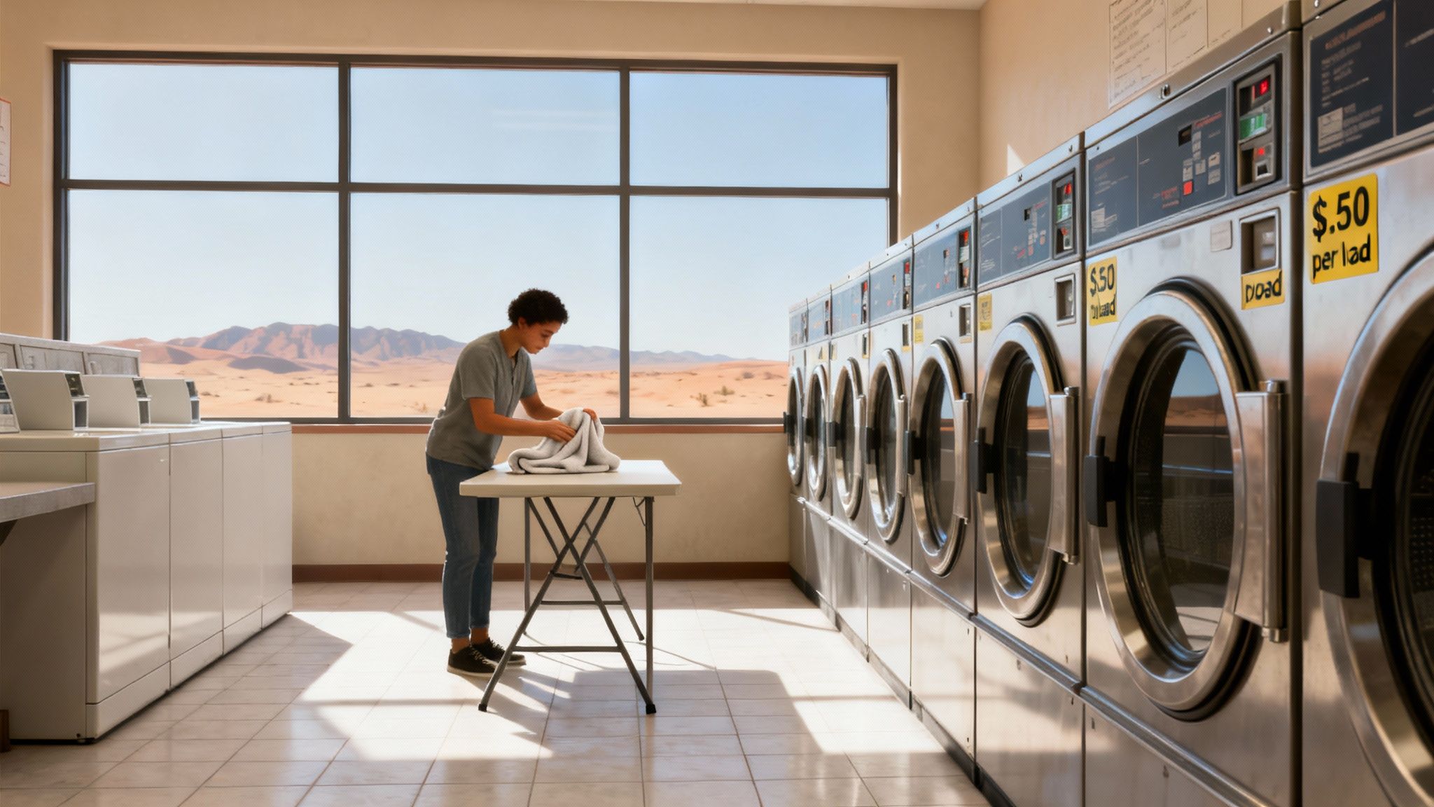 A person folds white towels on a table in a laundromat with a desert view.