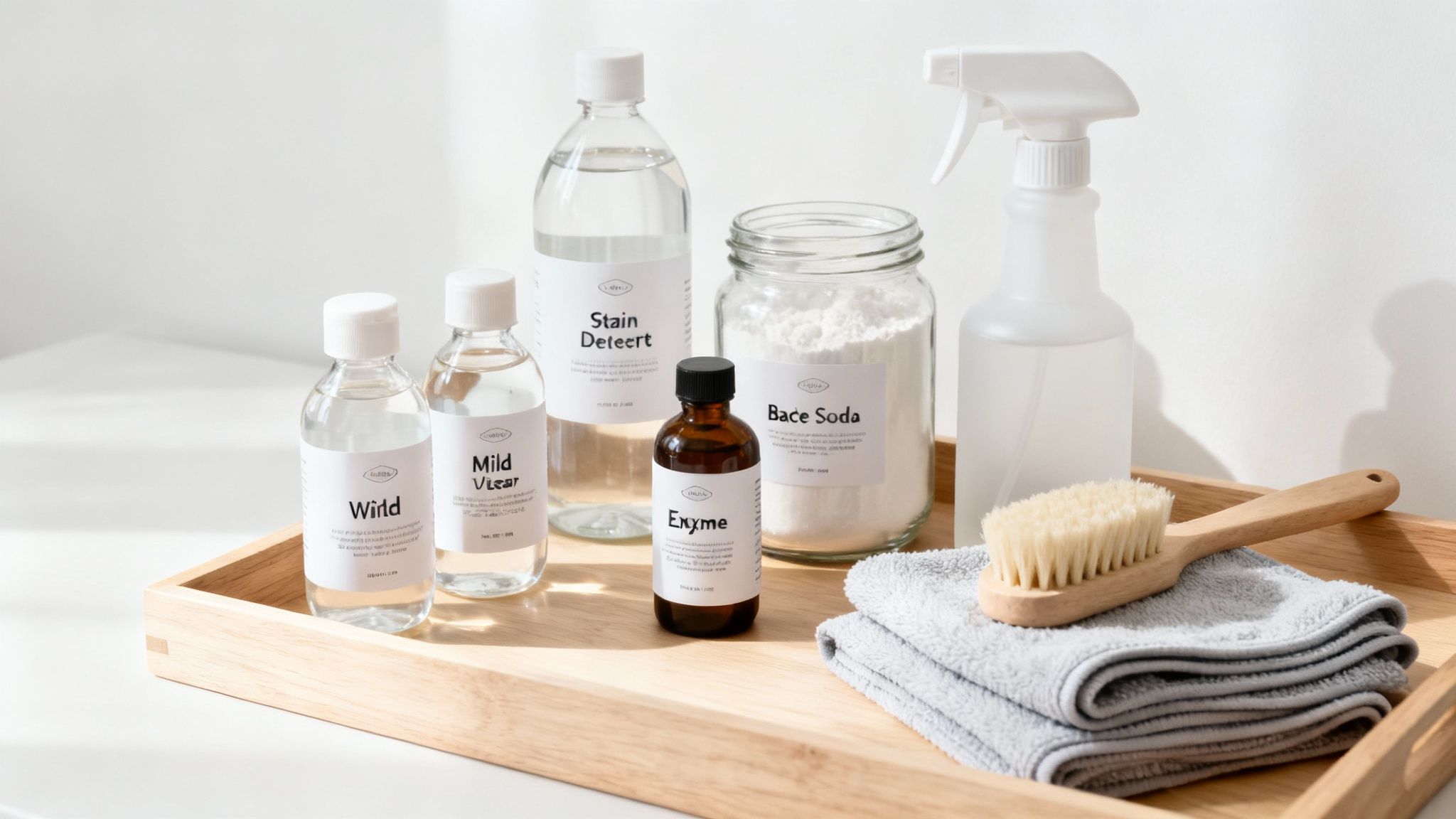 Natural eco-friendly cleaning products including baking soda, vinegar, enzyme cleaner and stain remover on wooden tray