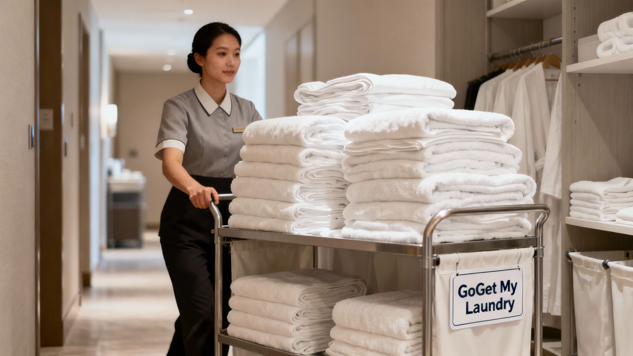 Hotel housekeeper pushing laundry cart with neatly folded white linens and towels in hallway