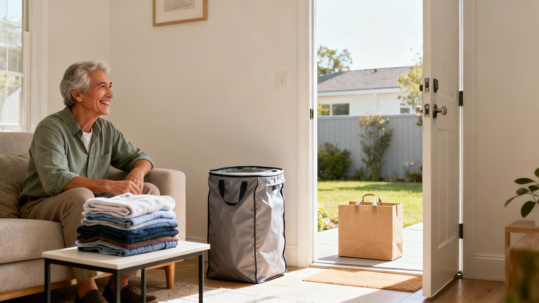 A neatly folded stack of clean laundry ready for delivery.