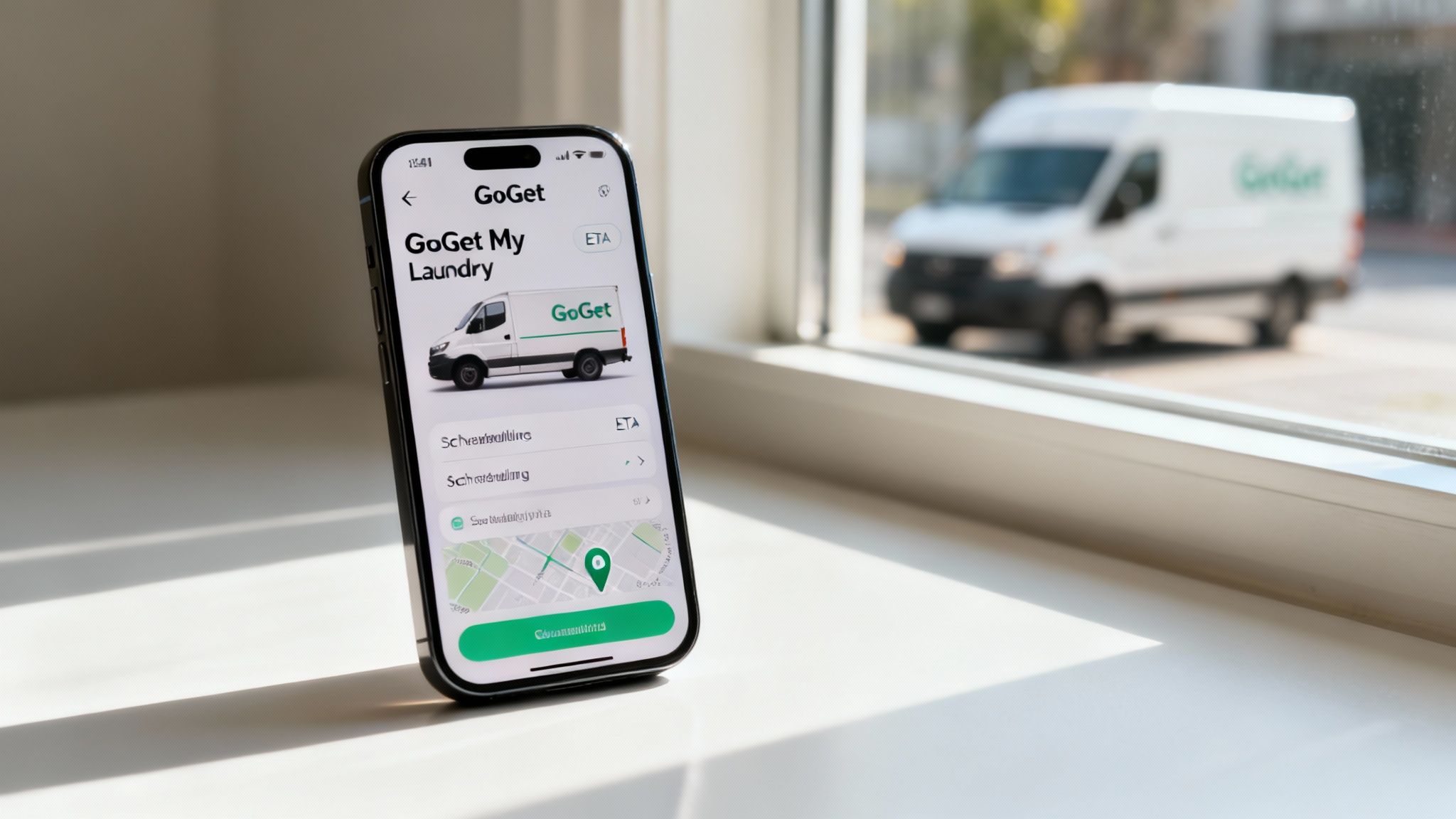Person scheduling laundry pickup on a smartphone with a clean, modern interface.