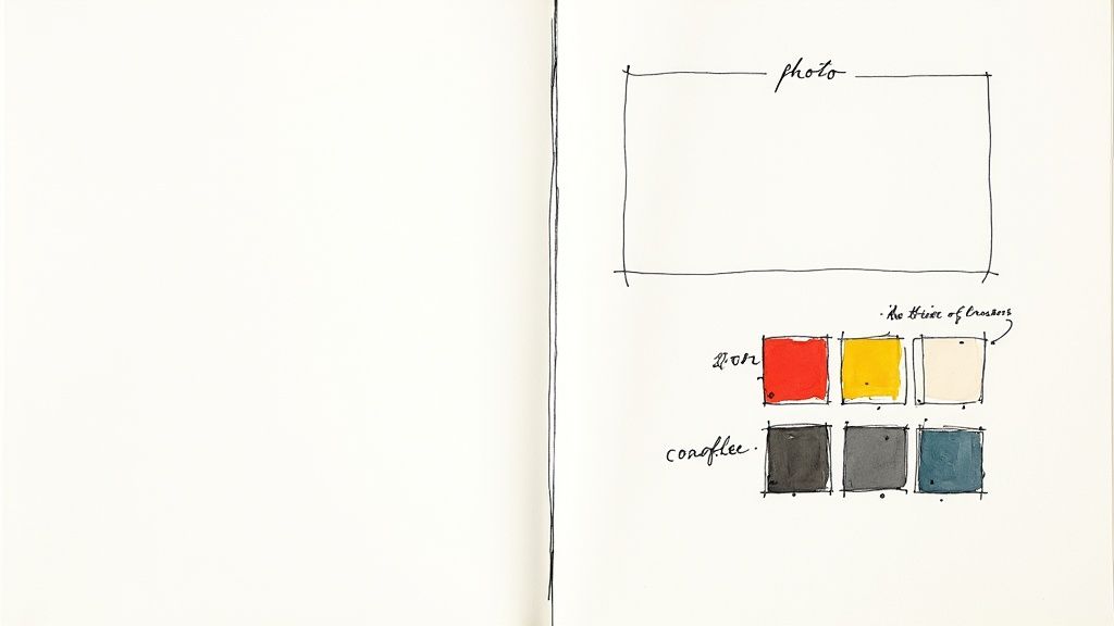A sketchbook page showing a 'photo' placeholder and two rows of six hand-painted color swatches.