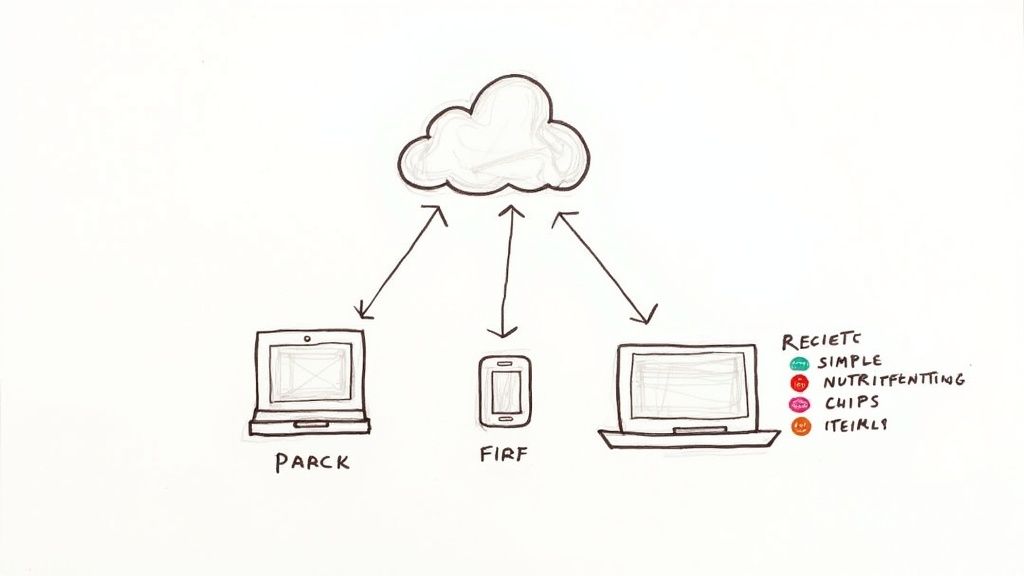 Illustration of a cloud icon connecting to two laptops and a smartphone, symbolizing data synchronization.