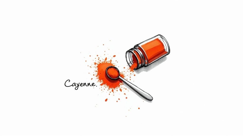 Illustration of a spilled bottle of cayenne pepper, with a spoon full of powder and a vibrant orange splash.