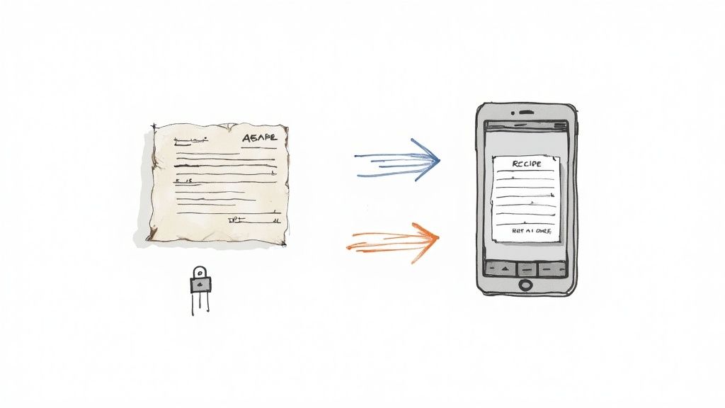 A person taking a photo of a handwritten recipe card with their smartphone.