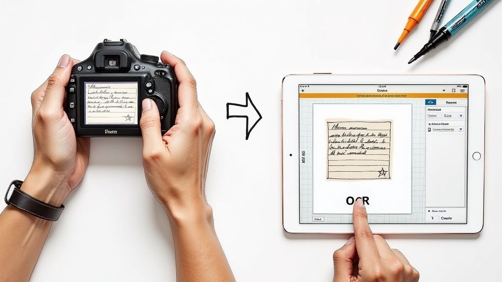 Hands holding a camera displaying a handwritten note, next to a tablet showing the same note being OCR processed.