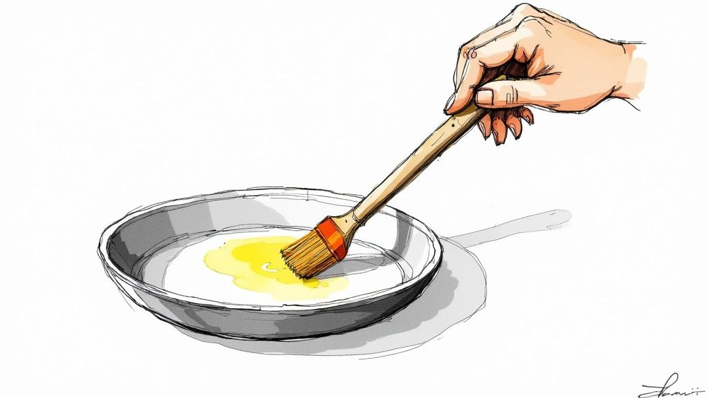 A person wiping a cast iron skillet with an oiled cloth.