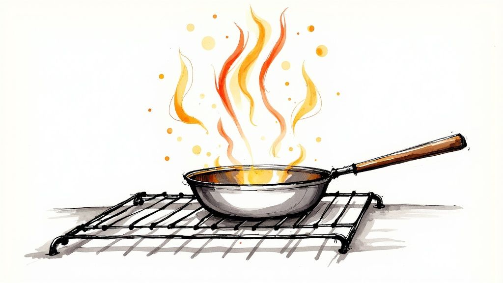 A rusty cast iron skillet next to a freshly seasoned one, showing a before-and-after effect.