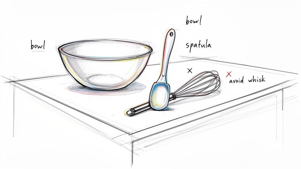 A sketch of baking tools: a clear glass bowl, a spatula, and a whisk marked to avoid on a table.