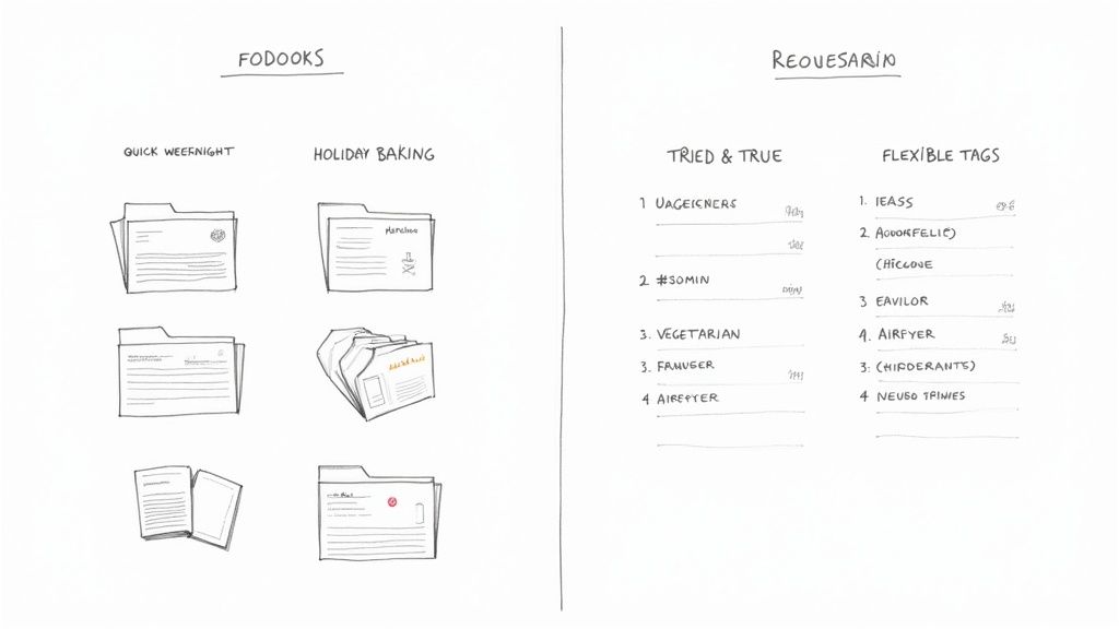 Woman organizing recipes on a tablet in her kitchen.