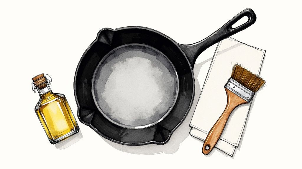A hand pouring oil into a black cast iron skillet.