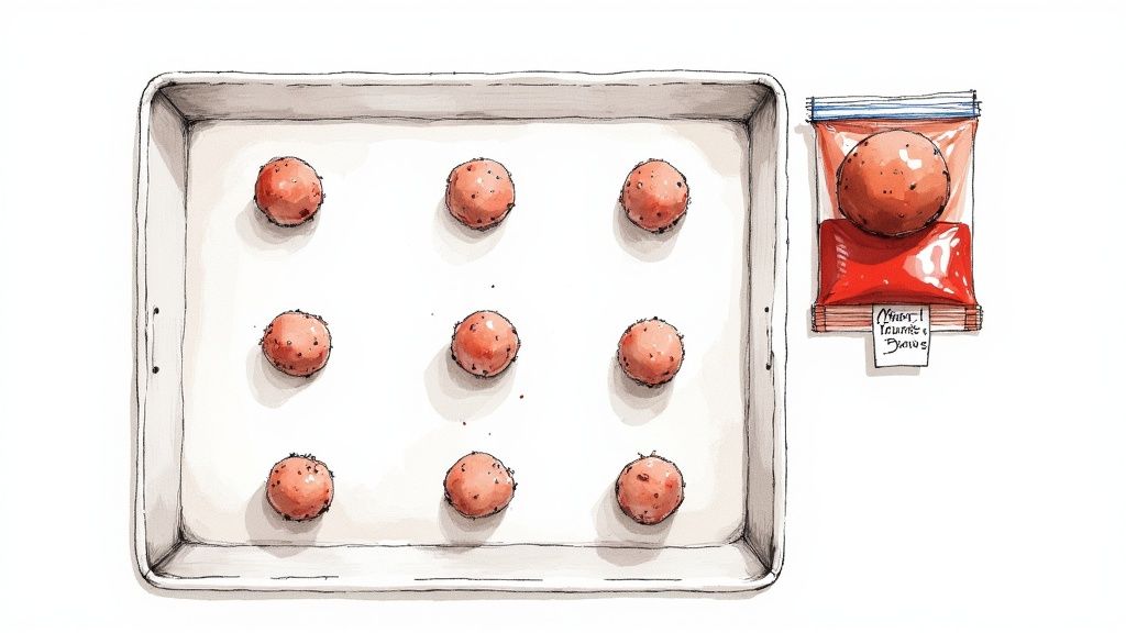 Nine raw meatballs on a baking sheet, and one in a labeled freezer bag with sauce.