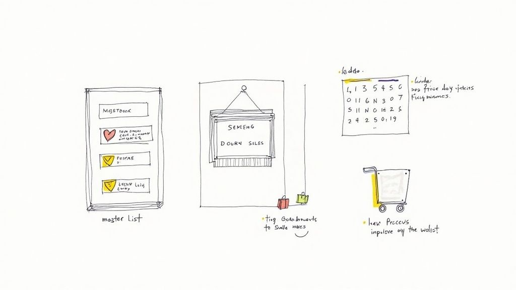 Hand-drawn sketches of organizational tools including master list, hanging sign, calendar, and shopping cart