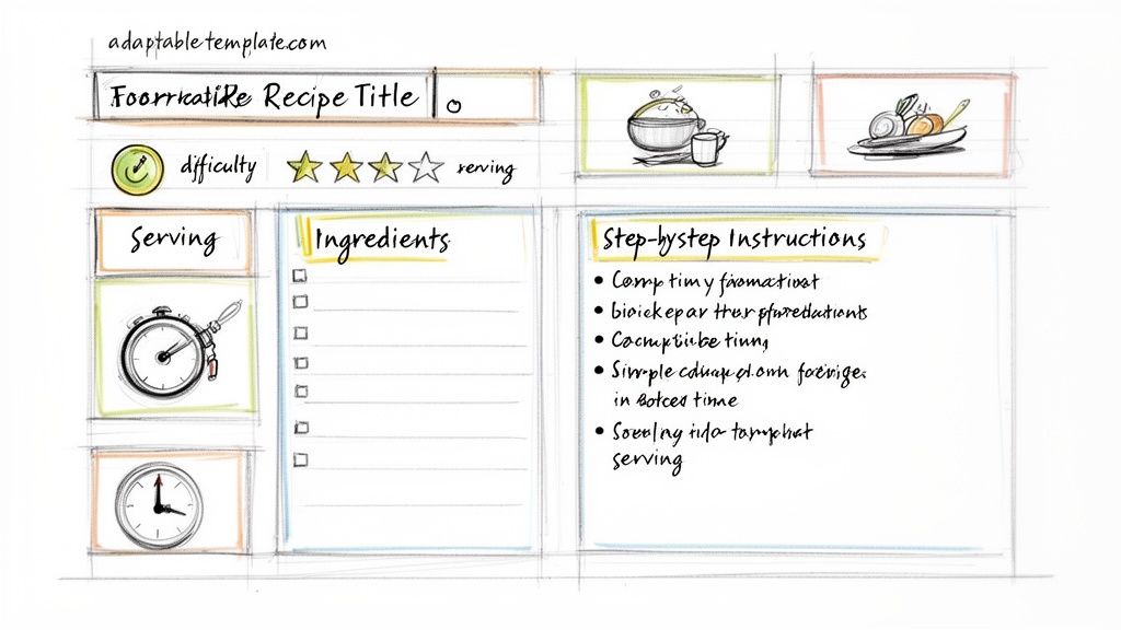 Hand-drawn recipe template featuring sections for title, difficulty, serving, ingredients, and step-by-step instructions.