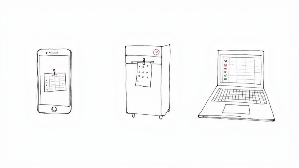 Three meal prep planning tools: smartphone app, refrigerator calendar, and laptop spreadsheet with checkmarks