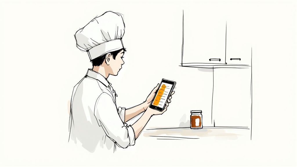 An organized grocery shopping list on a smartphone with a cart of fresh vegetables in the background.