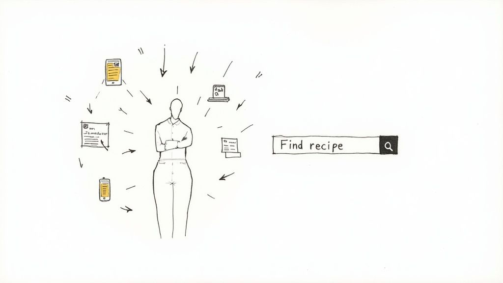 A person organizing digital recipes from multiple devices and documents, with a 'Find recipe' search bar.