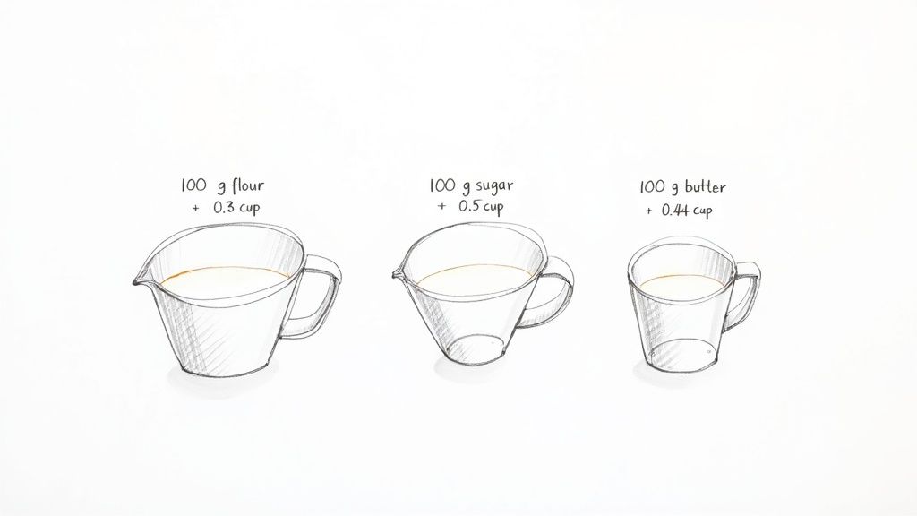Three measuring cups showing 100g of flour, sugar, and butter with their cup equivalents.