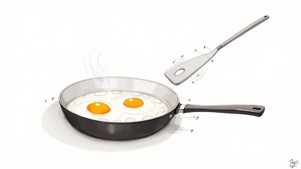A chef gently folding a fluffy omelet in a non-stick pan.