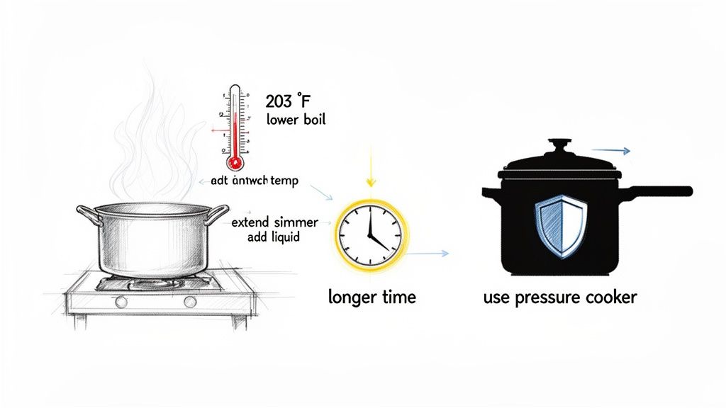 Diagram showing how lower boiling points require longer cooking times or a pressure cooker.