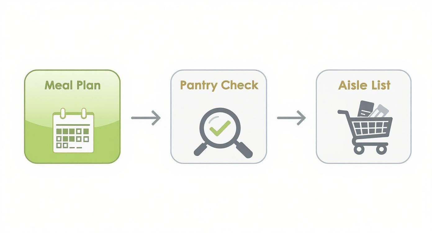 Three-step meal planning process showing meal plan calendar, pantry inventory check, and grocery shopping cart workflow