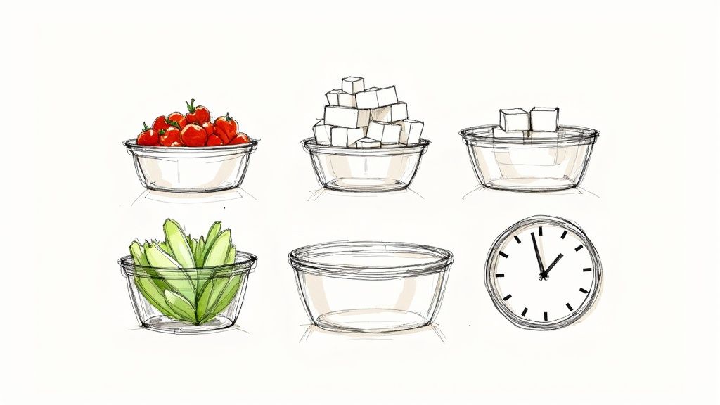 A person portioning out freshly chopped vegetables and cooked tofu into glass meal prep containers on a kitchen counter.