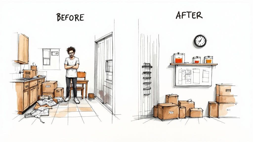 Before and after illustration showing cluttered messy kitchen transformed into organized meal prep storage area
