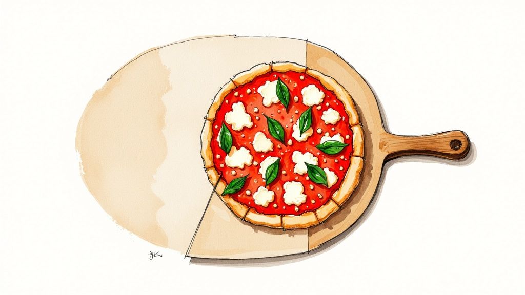 Watercolor illustration of a Margherita pizza on a wooden pizza peel with a partial abstract background.