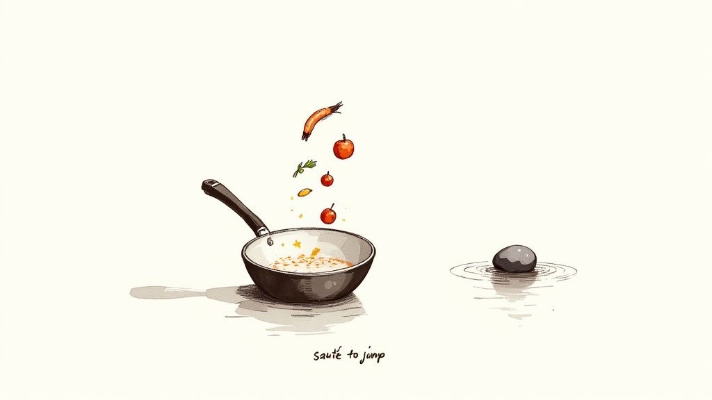 Whimsical illustration of ingredients jumping into a sauté pan, beside a rock creating ripples in water.