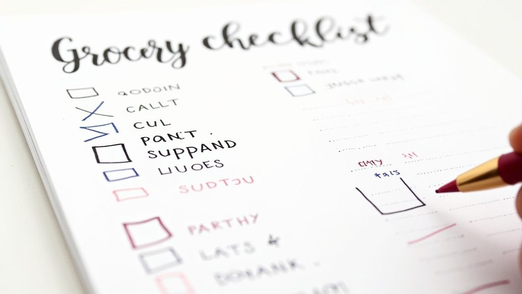 A person is writing a grocery list on a notepad in a bright, modern kitchen.