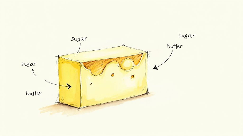 Hand-drawn illustration of a stick of butter partially cut, revealing 'sugar' mixed within its wavy interior.