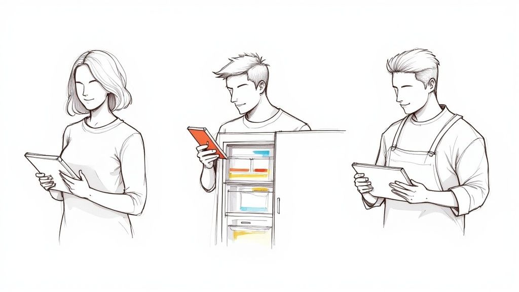 A person using a tablet in a kitchen to follow a recipe, surrounded by fresh ingredients.